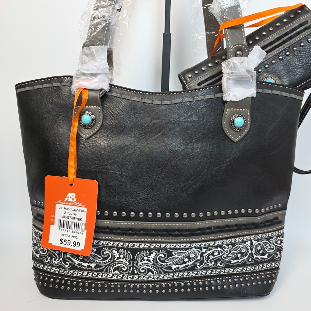 American Bling Black Western Paisley Handbag and Wallet 2-Piece Set AB-G7706WBK - Picture 4 of 13